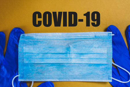Protective mask, gloves .inscription COVID-19. facemask. protection against pollution, virus, flu...