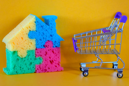 Colored house and cart. The concept of purchase, rental housing. The Investing in housing, habitation price Conceptの写真素材