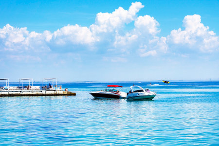 Two boats, two yachts at sea. Summer rest. Cruise. Summer holidays. yacht, launch, boat, ocean, sea