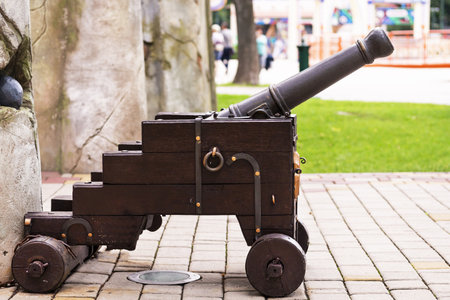 Ancient gun. Small cannon of the Middle Ages. Concept end of truce, beginning of warの写真素材