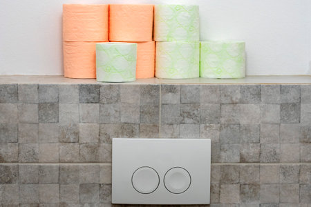 Toilet rolls and toilet button. Rolls of two colors. Rows of Toilet Coils close up. Hygiene Conceptの写真素材