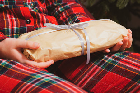 christmas gift. Spruce branches.Hands hold a gift on the background of a Christmas treeの写真素材