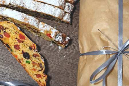 Stollen, pieces of christmas cake. christmas homemade pie,top view. Home baking conceptの写真素材