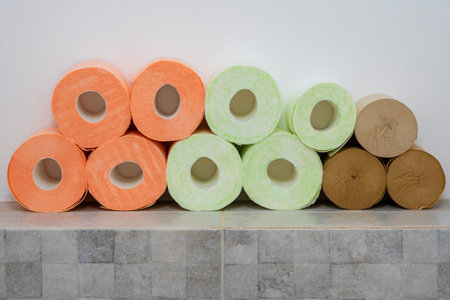 Different types of toilet paper. Rows of Toilet Coils. soft hygienic paper. Hygiene Conceptの写真素材