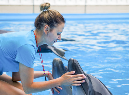 The beautiful girl the trainer with a smile near dolphins. Concept love of the person to marine...