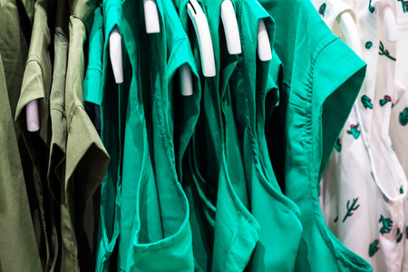 clothing hangs on a coat hanger. Clothes from environmentally friendly materials made hands. coat hanger with clothes in boutique. Shopping mall Clothing store.の写真素材