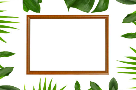 green tropical leaves, Brown wooden frame on isolated background.Square Wood Photo Painting...