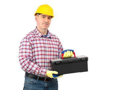 Builder man with toolbox. Construction Worker Handyman on isolated background