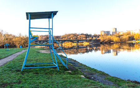 Rescue tower on the river. Observation tower. Concept of safety of those swimming in the sea and riverの写真素材
