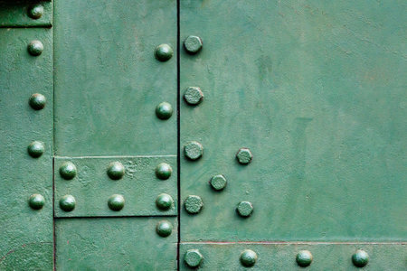 Texture of green metal with rivets. Background of a metal surface. Copyspaceの写真素材