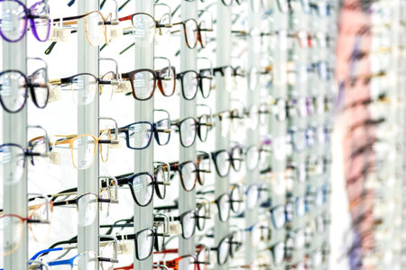 row of glasses. Many color spectacles. Many different glasses on shelves in glasses store.The concept of buying and trying on new glasses. side viewの写真素材