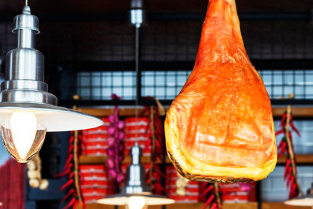 Dried and jerky meat. Jamon hang. Butcher shop. JamÃ³n and smoked products.の写真素材