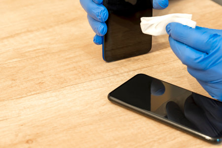 Hands in sterile gloves. Wet disinfectant wipe, napkin. Mobile phone. Concept for disinfection of a smartphone, destruction of viruses and bateriaの写真素材