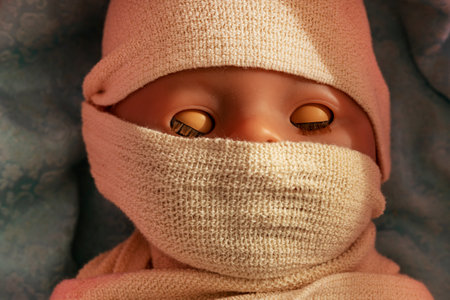 The doll the baby is wound with fabric. The body of the child is shrouded in a shroud. The concept...