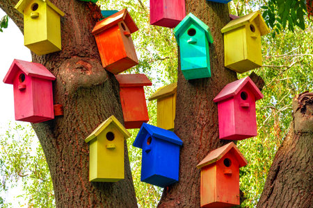 Multicolored Birdhouses.Colored nesting box. Colorful Bird Houses. Houses for birds. Lodges for a wintering of birdsの写真素材