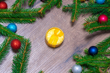 Christmas gift. Christmas box. Spruce branches. Gift, surpriseの写真素材