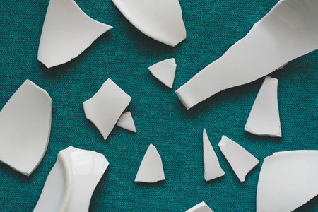 Splinters and Fragments of the broken white ware. Broken Plate, glass. Pieces of shattered dishes. close-up, top viewの写真素材