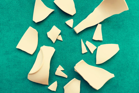 Splinters and Fragments of the broken white ware. Metaphor of a family quarrel. Broken Plate, glass. The concept of accidents in the kitchen. Pieces of shattered dishes.の写真素材