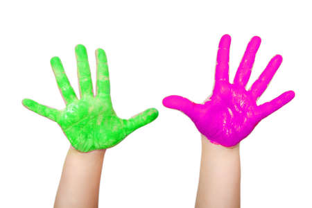 Child hands painted with watercolors, on white background の写真素材
