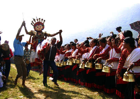 Artistes arriving at Khokana in Lalitpur on Sunday to perform a traditional mask dance during the Sikali のeditorial素材