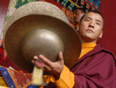 Citizens from Sherpa community watch cultural show during a special function organized to mark the final day of Ghyalpo Lhosar in Boudha, Kathmandu on Tuesday.のeditorial素材