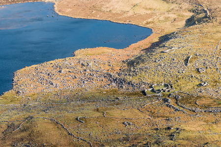 The View of glacier lake from above in a spring morning. Typical Irish country side scenery with lot of rocks and water.の写真素材