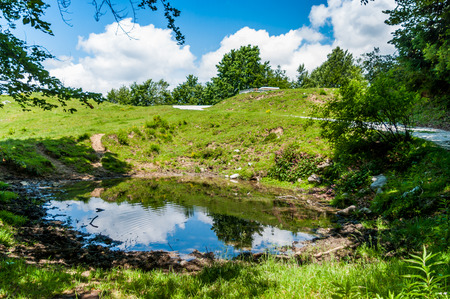 Clouds reflection in a puddle on a Vogel mountain used for animal feeding during the summer days.の写真素材
