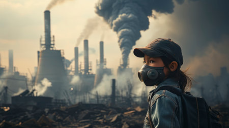 Portrait of a woman in a gas mask on the background of an industrial areaの素材