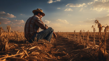Farmer sitting on a cornfield and looking at the sunset.の素材