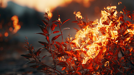 Burning rose bush in the field at sunset. fire in nature.の素材