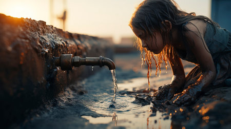 Little girl drinking water from a tap in the village on the sunsetの素材