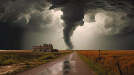A massive tornado sweeps across the landscape, displaying the raw power and destructive force of nature.の素材