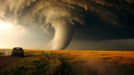 A massive tornado sweeps across the landscape, displaying the raw power and destructive force of nature.の素材