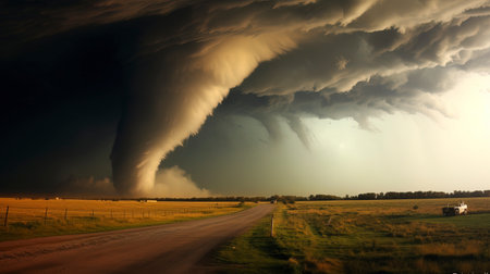 A massive tornado sweeps across the landscape, displaying the raw power and destructive force of nature.の素材