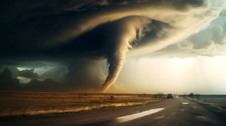 A massive tornado sweeps across the landscape, displaying the raw power and destructive force of nature.の素材