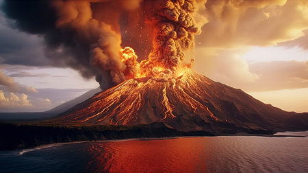 Volcano eruption at sunset, 3D illustration of a volcanic eruptionの素材