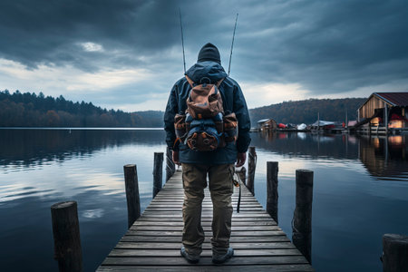 Fisherman with a backpack and fishing rod on a wooden jettyの素材