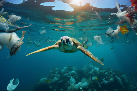 Ocean pollution due to plastics. Images depicting the harmful impact of plastic waste on marine ecosystems.の素材