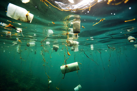 Ocean pollution due to plastics. Images depicting the harmful impact of plastic waste on marine ecosystems.の素材