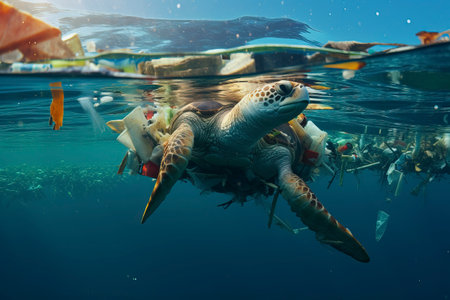 Ocean pollution due to plastics. Images depicting the harmful impact of plastic waste on marine ecosystems.の素材