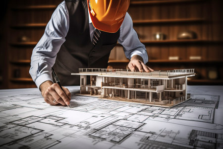 Architect working on blueprint at office. Construction and architecture concept.の素材