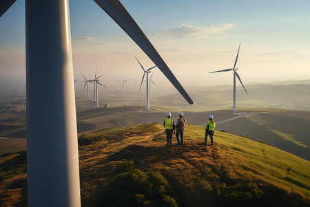 3d render of engineers and windmills on the green fieldの素材