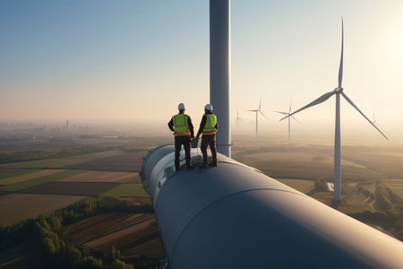 Two engineers standing on the top of wind turbines. 3D renderingの素材
