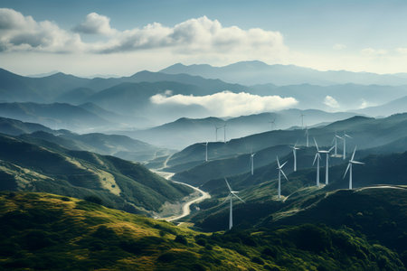 Wind turbines in the mountains with clouds and blue sky. 3d renderingの素材