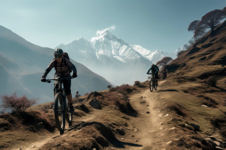Cyclists on mountain trail in Himalayas, Nepal.の素材