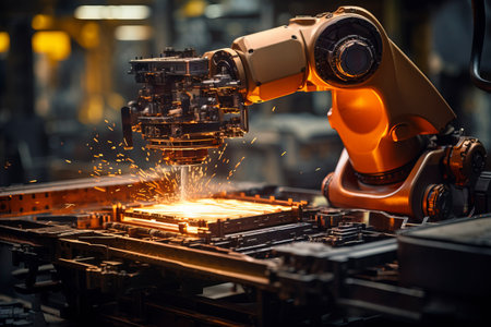 Industrial robot working in a factory. Automotive industry concept.の素材