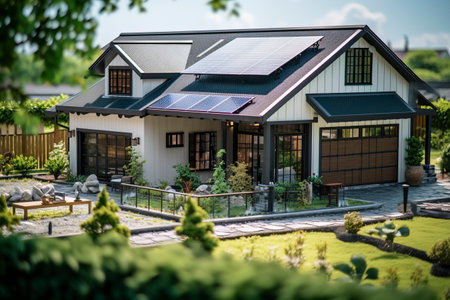 Residential house with solar panels installed on roof. Alternative energy source.の素材