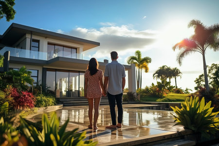 Rear view of young couple standing by swimming pool at luxury homeの素材