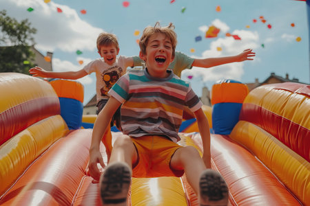 happy kids having fun on inflatable trampoline at amusement parkの素材