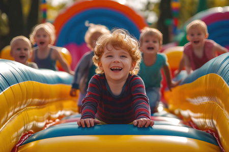 Happy little boy having fun on an inflatable circle at the playgroundの素材